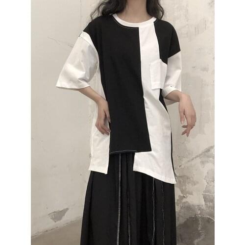 Ladies summer new black and white patchwork irregular design fashion trend casual loose size short sleeve T-shirt