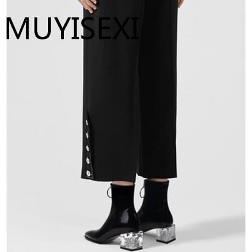 Genuine leather 5cm med crystal heels square toe front zip gorgeous model runway vintage career office lady boots HL311 MUYISEXI