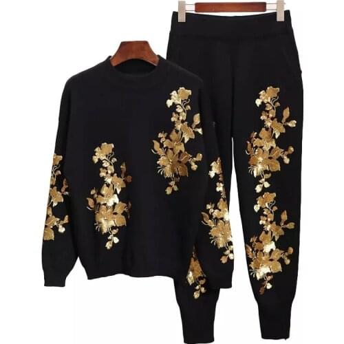 Casual Chandal Mujer 2020 Women Two piece Set Autumn Sequins Embroidery Knitted Pullover Tops+Trousers 2PCS Clothing Sets