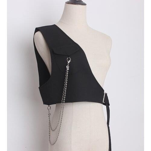Single shoulder waistcoat female fashion chain loose all-match black fashion vest outwear