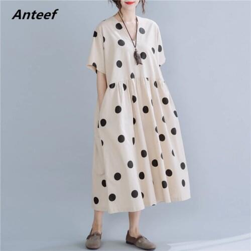 Short sleeve cotton linen vintage Polka Dot dresses for women casual loose long summer dress elegant clothes 2021