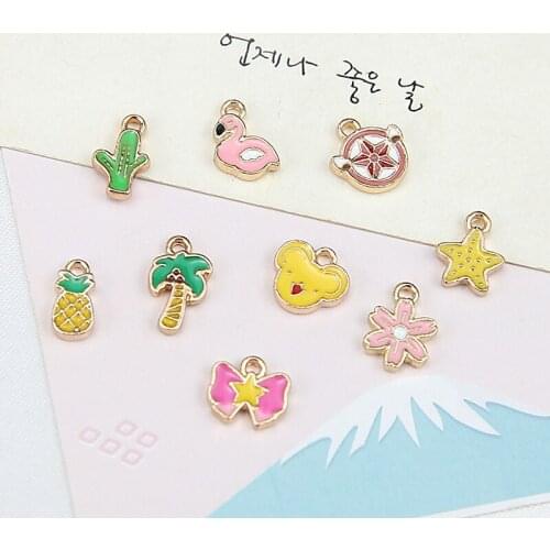 10pc Trendy Japanese Korean Girl Cute Earring Alloy Cactus Small Flowers Coconut Tree Flamingo Pendant Material Handmade Jewelry