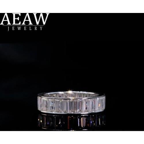 AEAW Solid 18K White Gold Emerald Baguette 2*4mm Engagement Band Ring Wedding Moissanite Eternity Band For Women