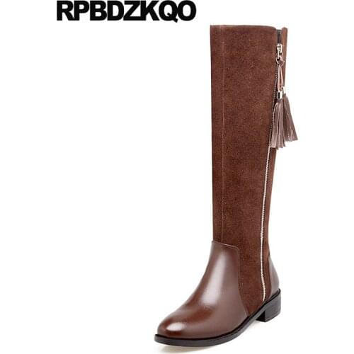 Long Warm Riding Round Toe Vintage Side Zip Boots Knee High Fringe Slim Flat Brown Women Genuine Leather Shoes Female Ladies New