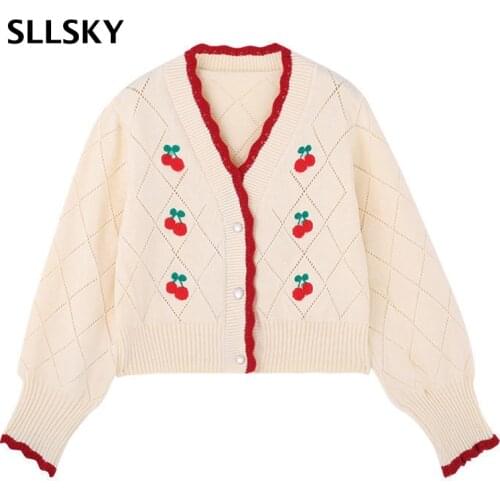 SLLSKY Cherry Fruit Embroidery Cardigan Women Knit Sweater Outwear Sweet Cardigan Autum Winter Puff Sleeve V Neck Short Sweater
