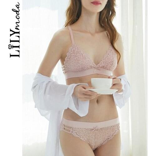 LILYMODA New Women Sexy Bralette Bra Lace Ultra Thin Triangle Cup Brassiere Underwear Set Female Beautiful Lingerie PINK