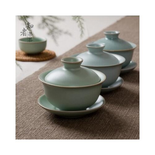 Hot sale ru kiln pigmented anxi tieguanyin gaiwan three-piece set double line jingdezhen white tea tool