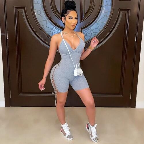 Neon Yellow Knitted Rompers Womens Bodysuit Summer Spaghetti Strap Side Hollow Out Club Playsuit Activewear Fitness Body Suits