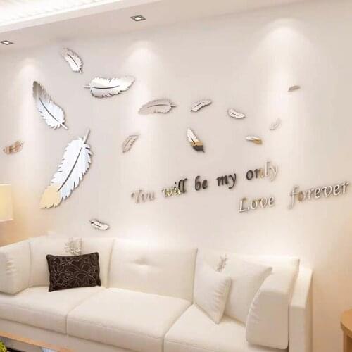 Beautiful Feather Crystal Mirror Wall Stickers Entranceway Hotel Window DIY Art Wall Decor Stickers Sofa TV Wall 3D Stickers