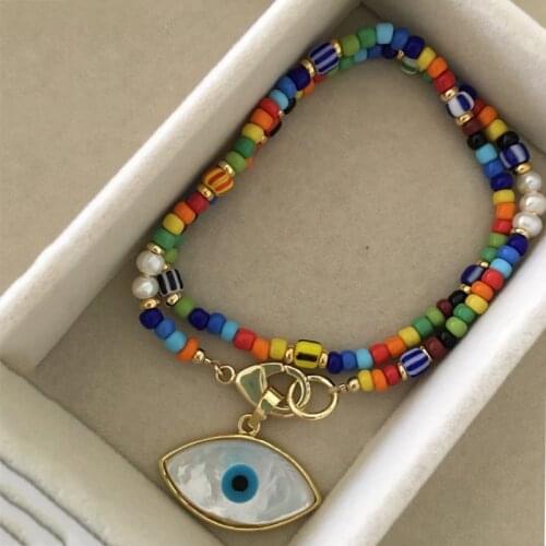 Handmade Bohemian Colored Rice Bead Necklace For Women Charm Shell Evil Eye Pendant Jewelry Gargantillas Collares Halloween Gift