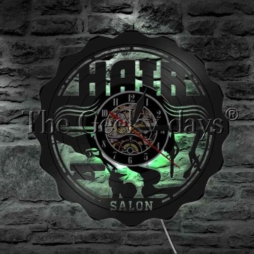 Hair Salon Hairdresser Tools Comb Scissors Wall Art LED Hanging Light Barber Shop Beauty Hairdresser Vinyl Wall Clock