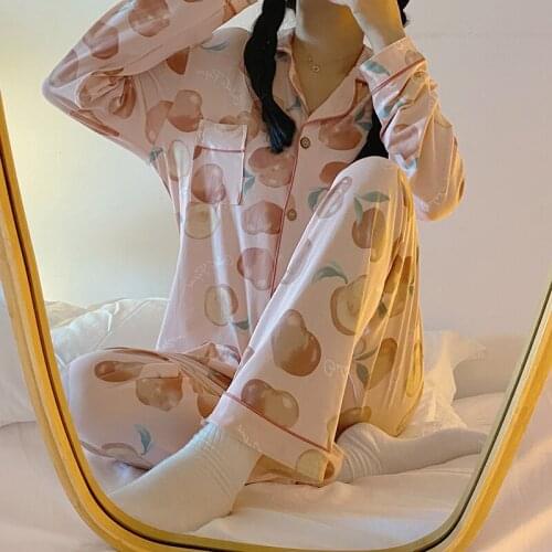 Womens Cute Cartoon Pajamas Set Turn-down Collar Pyjamas Long Sleeves Suit Soft Female Sleepwear Autumn Homewear Home Services