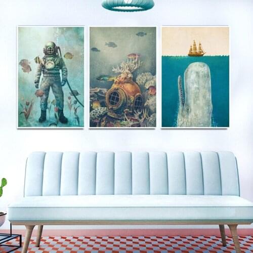 Hallways Entryway Old Nordic Sailboats Underwater Whales Endless Blue Canvas Painting Wall Picture Poster Living Room Decoration