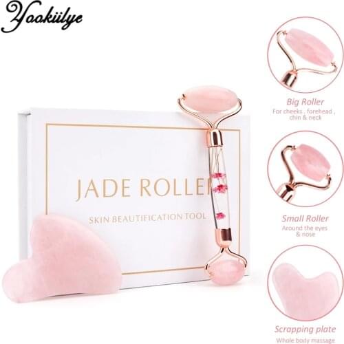 Rose Quartz Jade Roller Flower Pole Roller Face Lifting Massager Facial Manual Massage Roller Heart-shaped Guasha Set Anti-wrink