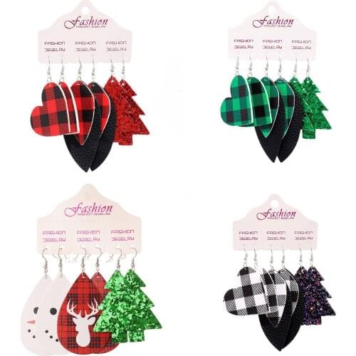 3 Pairs/Set Buffalo Plaid Print Leather Christmas Earrings Set for Women 2021 New Glitter Christmas Tree Drop Earrings Jewelry