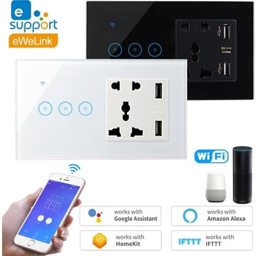 Universal Socket with USB & WiFi Touch Switch ewelink 1/2/3 Gang WiFi Wall Light Smart Switch Google Home Alexa Voice Control