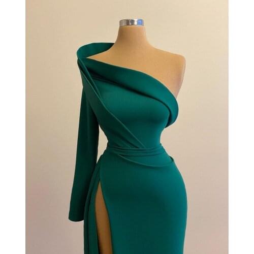 Gorgeous Dark Green Evening Dresses For Women Party Dinner Wear 2021 Satin High Split Prom Gowns One Shoulder Long Sleeves
