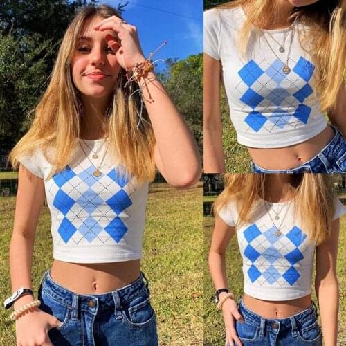 Womens Diamond Check Printed T-Shirt Womens Short Tops White