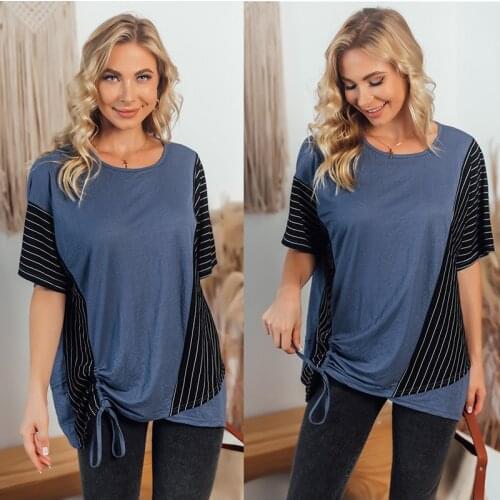 Womens Real T-shirt Color Matching Stripe Womens Slim Fitting T-shirt Short Sleeve Shirts