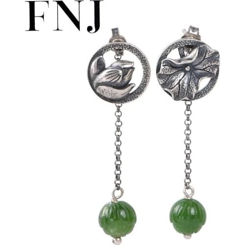 FNJ Lotus Flower Earrings 925 Silver Original Pure S925 Sterling Silver Stud Earring Women Jewelry Natural Jasper