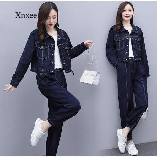 2021 Womens Spring and Autumn New Denim Suit Casual Loose Lapel Solid Color Shirt Belt Slim Jeans