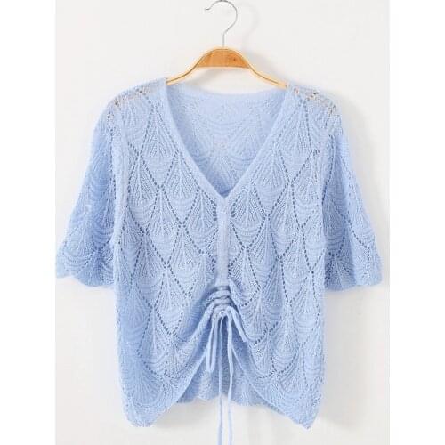 Hollow Out Summer Knitted Sweater Women Short Sleeve V-Neck Drawstring Loose Pullover Tops Thin Knitting T-shirt