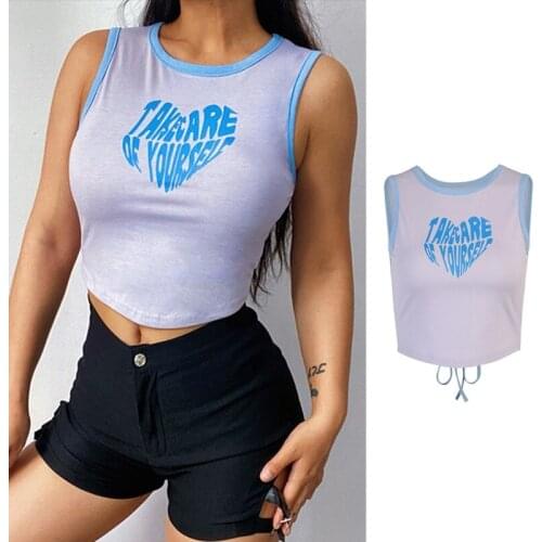 Women Sleeveless O-Neck Crop Top Sexy Cutout Lace-Up Backless Slim Mini Vest Harajuku Contrast Color Letters Cami Shirts