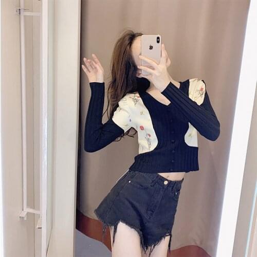 Pullover Knit Cardigan Womens Autumn 2020 New French Small Floral Stitching Puff Sleeve Design Small Short Top