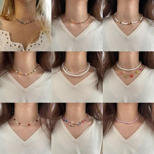 Modyle Trendy Bead Strand Beaded Choker Necklace For Women Bohemian Colorful Handmade Short Daisy Pearl Necklace Collar Jewelry
