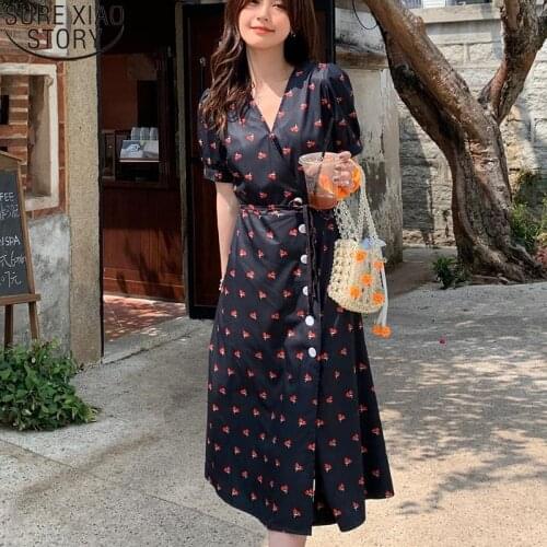 Women Floral Dress High Waist Long Dress New Short Sleeve Dress Temperament V-neck Summer A-line Dresses Vestido Feminino 15102