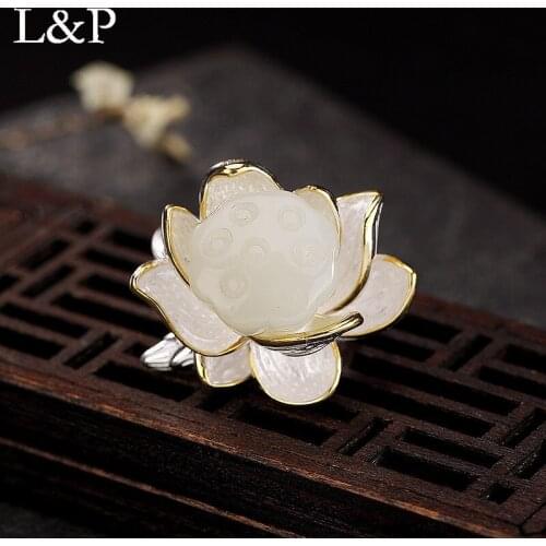 2019 New Natural Jade 100% 925 Sterling Silver Ring For Women,Elegant White Lotus Adjustable Silver Ring Fine Jewelry Wholesale