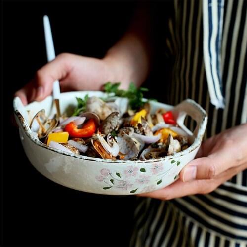 1pc Cherry Blossom Baking Plate Japanese Sakura Design Dinner Plate Baking Tray Bakeware Rice Bowl Dishes with Double Handle