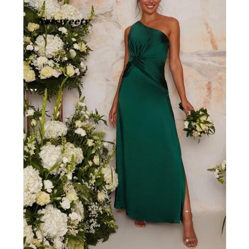 Satin Long Bridesmaid Dresses 2021 One Shoulder Robe De Soirée De Mariage Sheath Wedding Guest Dress