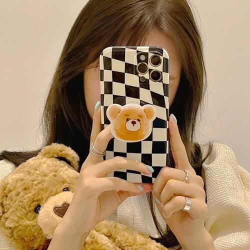 INS cartoon bear grip stand grid phone Case for iphone 11 phone cover iphone 12 12Pro 11Pro Max X Xs Max XR 7 8 Plus holder