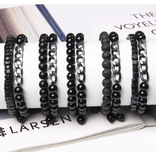 Black Mens Womens 2pcs set Beaded Bracelet Fashion Silver Color Stainless Steel Bracelets For Men Punk Jewelry Hip Hop Gifts