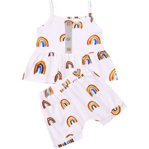 2 Pieces Kids Suit Set Rainbow Print U-Neck Sleeveless Pullover+ High Waist Shorts for Girls 0-18 Months
