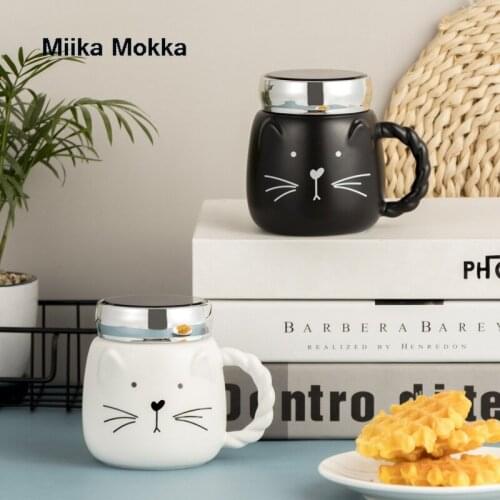 Creative Embossed Cat Mirror Mug Simple Milk Coffee Drinking Cup with Lid Spoon Female High-Value Couple Large Capacity 400ml