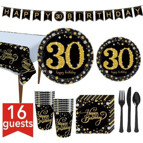 Black Gold Paper Disposable Tableware 30th 40th 50th 60th 70th 80th Birthday party Anniversary Wedding Party Decoration