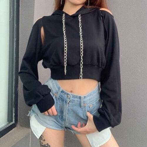 Sexy Women Hoodies Long Sleeve Cut Out Pure Color Chain Hoodie Short Sweatshirt Hollow Crop Top Daily wear 2021 топик женский