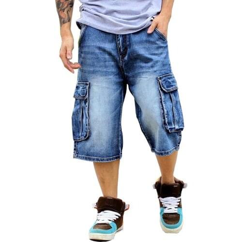 Mcikkny Men Hip Hop Baggy Denim Shorts Loose Skateboard Streetwear Jeans Shorts For Male Washed
