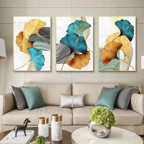 Blue Green Yellow Gold Leaf Plant Flower Ginkgo Leaf Poster Canvas Painting Abstract Nordic Modern Wall Art Print Pictures Decor