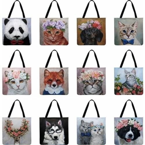 Foldable Shopping Bag Animal In Flower Oil Painting Print Tote Bag Linen Casual Tote Woman Shoulder Bag Reusable Beach Bag