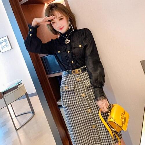 Stand up collar stitching eyelashes lace pocket versatile shirt top girl 2021 Spring new High Quality Top Quality