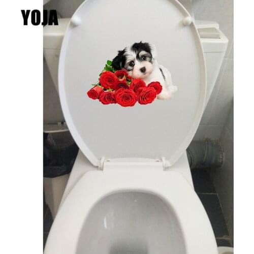YOJA 19.8*14.7CM Rose And Dog Fashion Toilet Sticker Bathroom Decor Cartoon Wall Decals T1-0243