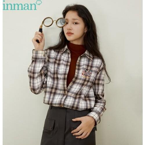 INMAN Womens Plaid Shirt Autumn Winter Retro Classic Style Pointed Collar Fun Embroidery Long Sleeve Traf Casual Blouse