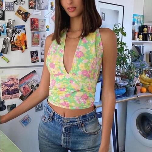Women Summer Casual Sexy Camisole Green Floral Printed Pattern Sleeveless Crop Tops S/ M/ L