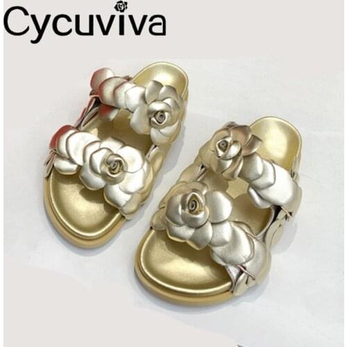 Designer Camellia Flower Platform Slides Women Flat Slippers Leather Summer Beach Mules 2021 Thick Sole Casual Female Flats
