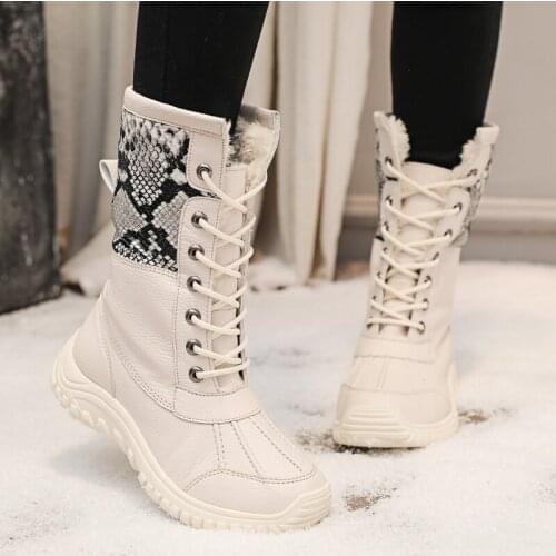 2021 Womens Snow Boots Snake Print High-Top Cotton Shoes Large Size 42 43 Mid-Calf Slip On Waterproof Womens Winter Boots