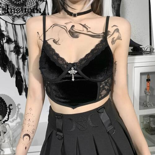InsGoth Vintage Sexy Black Camis Goth Aesthetic Cross Lace Camisole Gothic Dark Bodycon Sexy Backless Corset Tops Clubwear