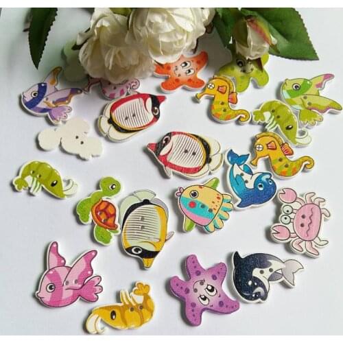 120pcs Mixed Marine Animal Series Decorative Buttons 2 Holes Sewing Wooden Buttons Flatblck Scrapbooking